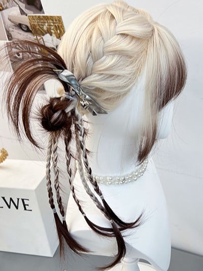 Wig Full With Ombre Synthetic White Brown Color Hair Braided Bangs And