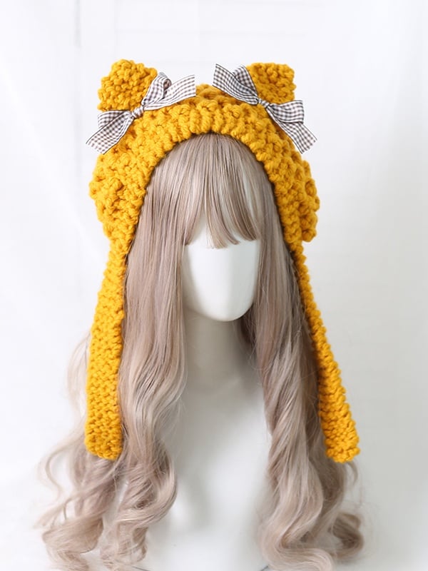 Cute 5 Bowknot Plaid Ear Kitty Hat With Colors Lolita Decoration Knitted