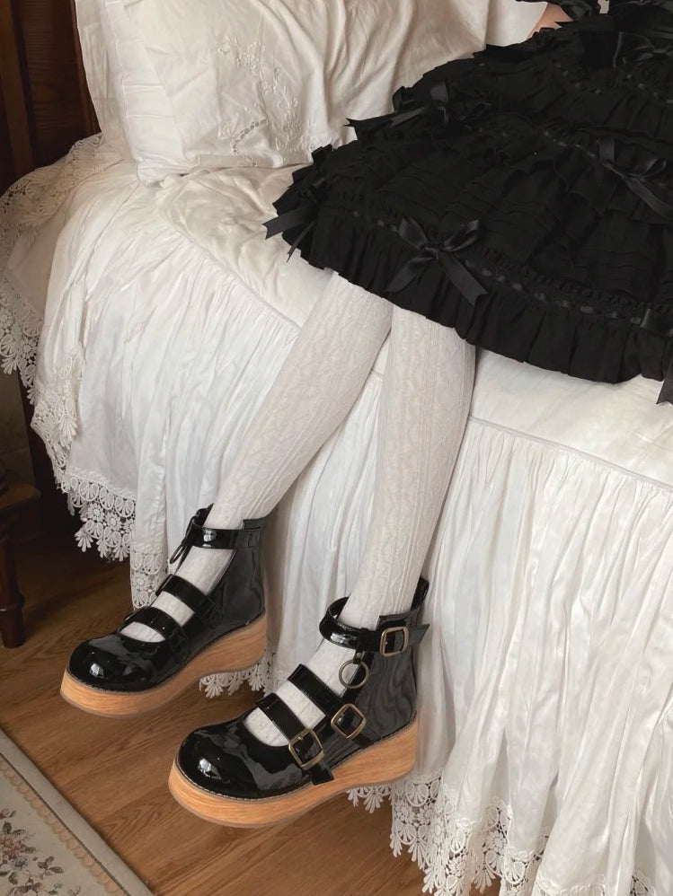 Straps Toe with Polished cm Ankle Sole Round Platform Black Buckle Vintage 3 Wedge Boots 3–5