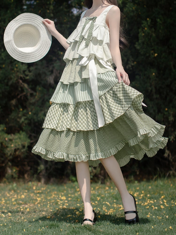 Rüschen gestuft mit Mori Kei Grün Patchwork Ärmelloses Kleid