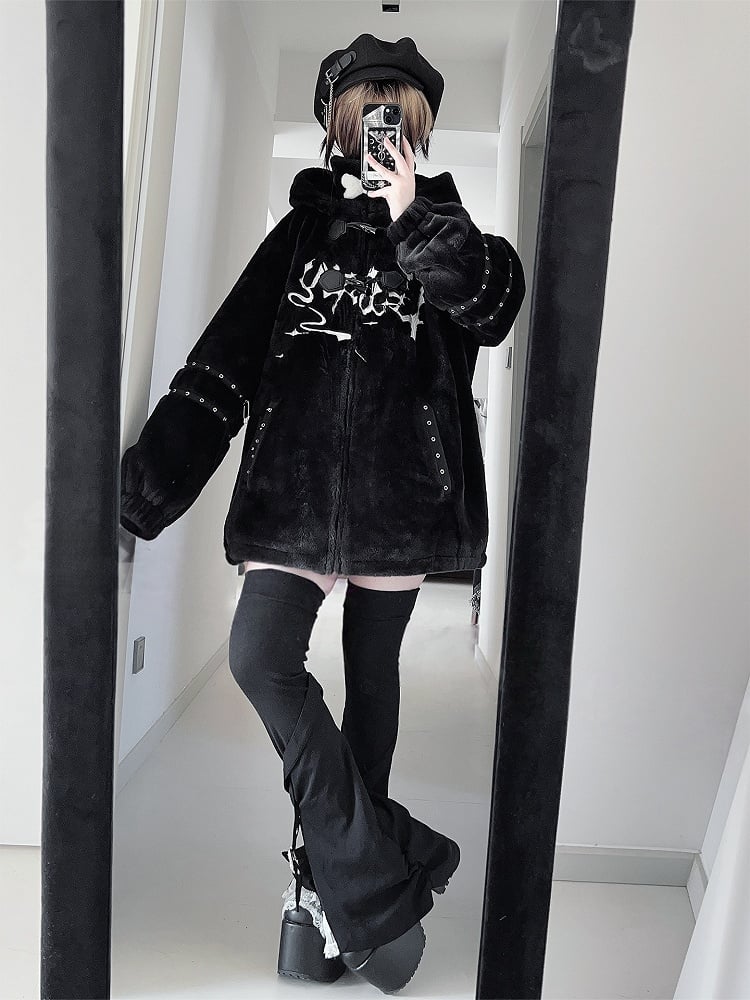 with Plush Puppy Hooded Kei Jirai Straps Button Black Design Toggle Ear Jacket Decorations