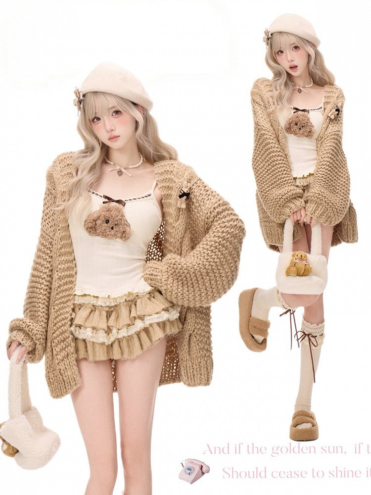 Kawaii Coffee Knit Tiered Ruffle Skirt with Built-In Shorts for Autumn - serendipity