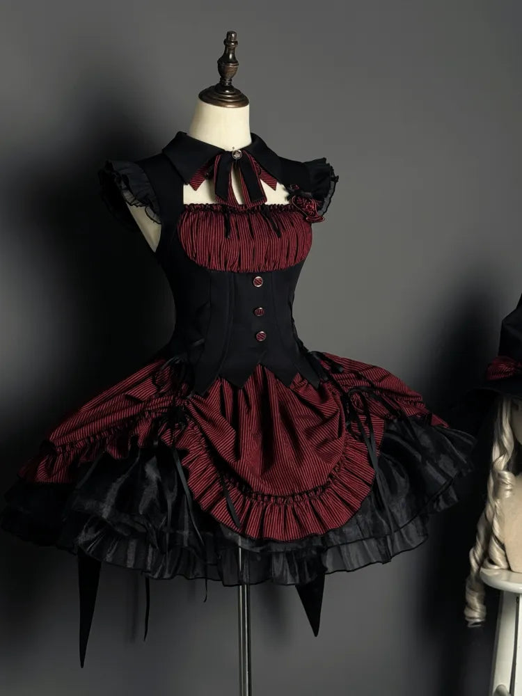 赤と黒のボーンウエストドローストリングストライプ柄裾ハロウィンゴシックロリータドレス