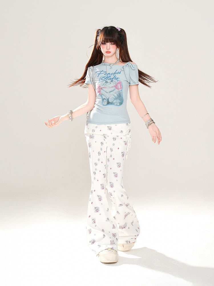 Adorable Bear and Bunny Print Drawstring Design Side White Glamorous Flared Pants