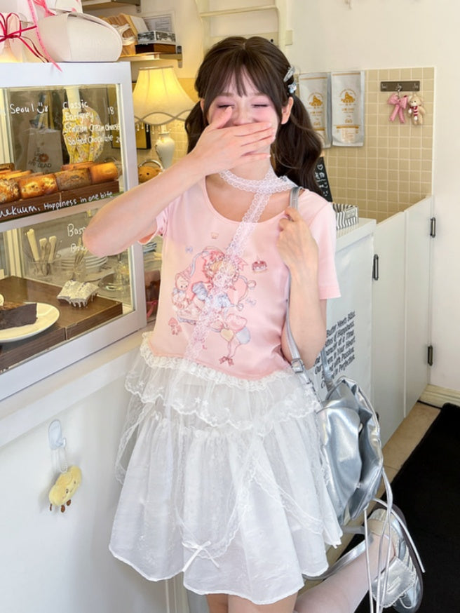 Pink/White Girl Print Lace Trim T-Shirt Cute Round Neck