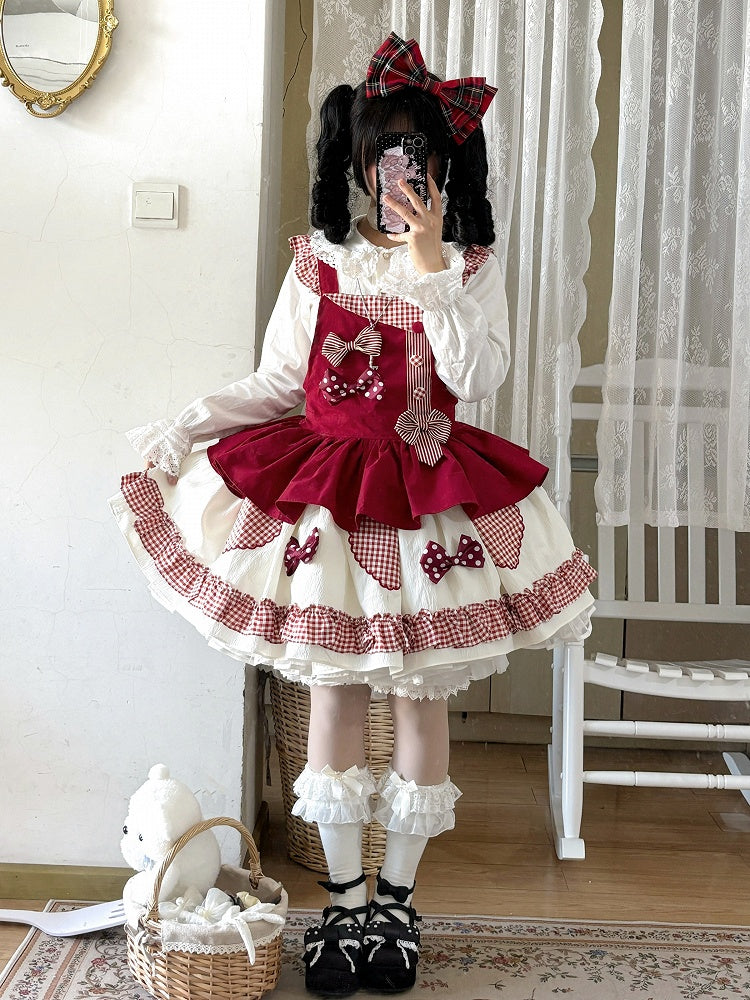 レッドギンガムチェックのスウィートな蝶結びディテールのロリータオーバーオールドレス
