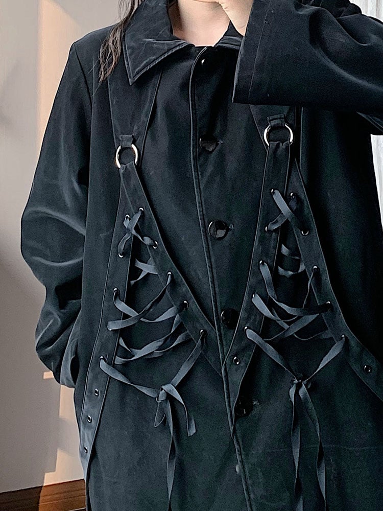 Coat with Loops Lacing Chest Black Crisscross Plush-Lined Punk