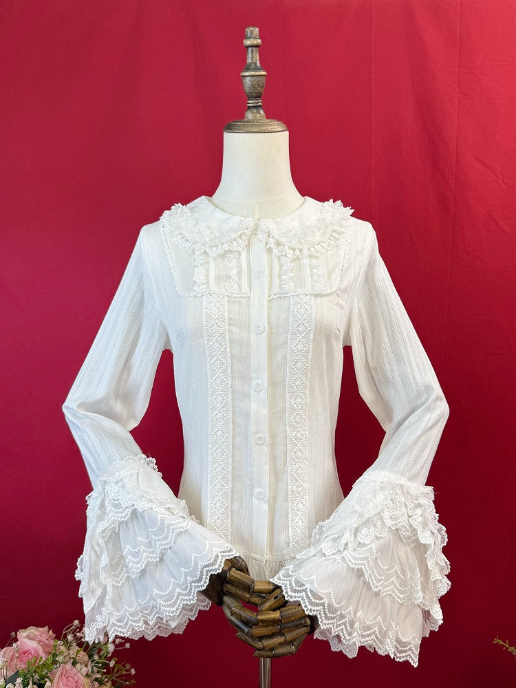 Cotton Sleeves Bell Jacquard Long White Blouse Lolita