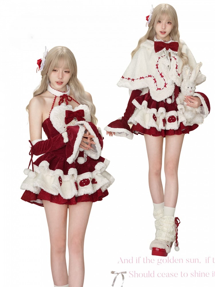 Winter Christmas Bunny-Eared Hooded Red Bow Accents Cape White Cozy with