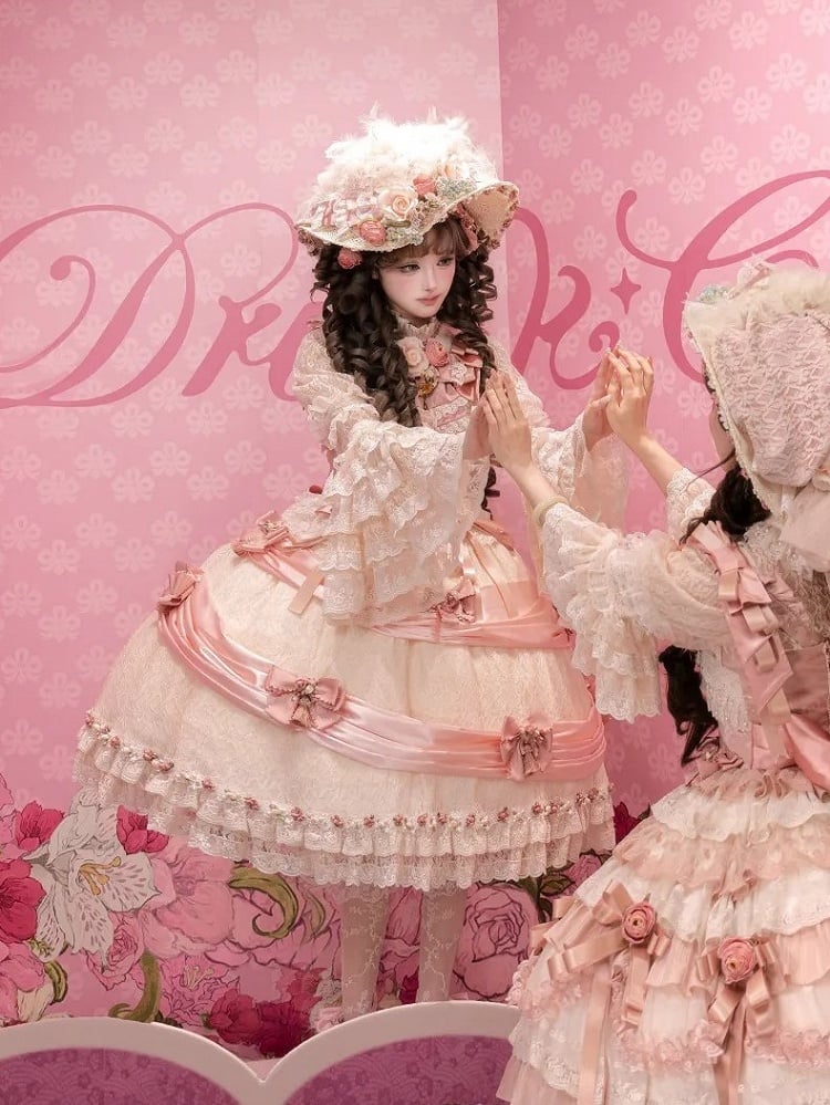 Pink with Lolita Rotating Beige Bowknots and Lace Bell Sleeves Princess Curtain Dress