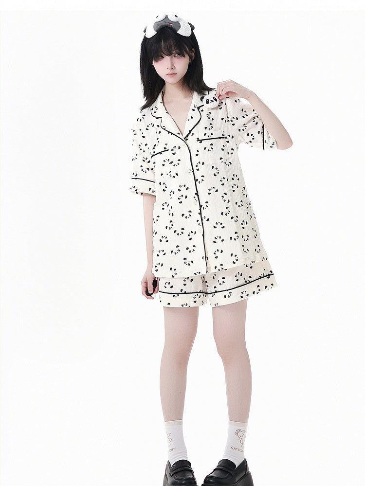 Collar + Allover Panda Print Shirt Shorts Beige Elastic Waist Edge Pajamas Set Scalloped