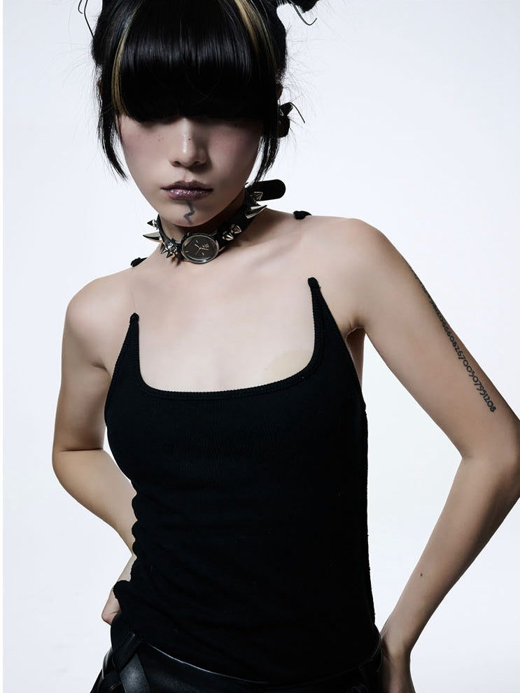 Y2K Schwarze Cyberpunk Metalluhr Doppellagiges Choker