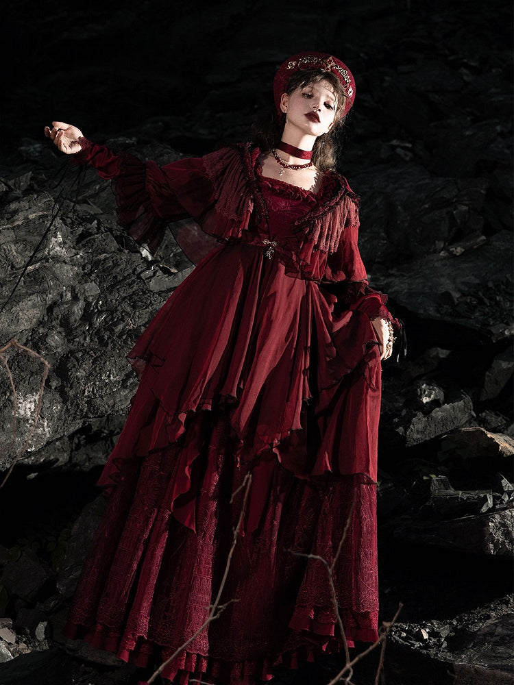 Red Gothic Lolita Ruffle Trim Hooded Top