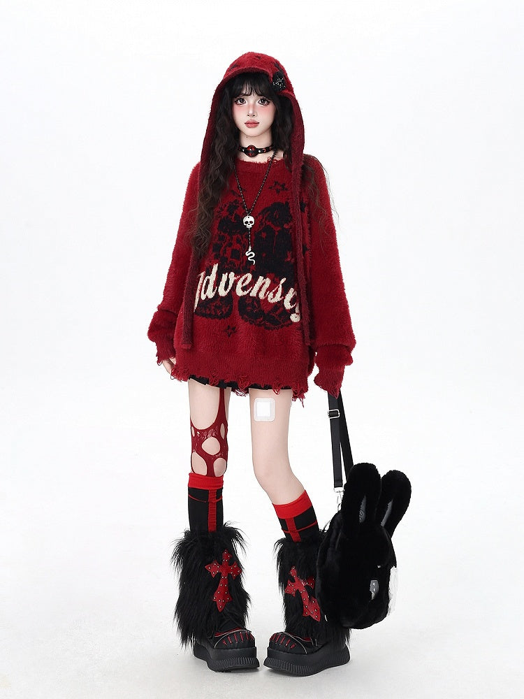 Vintage Lettered Plush Sweater with Distress Trim and Detachable Hood Red/Dark Brown