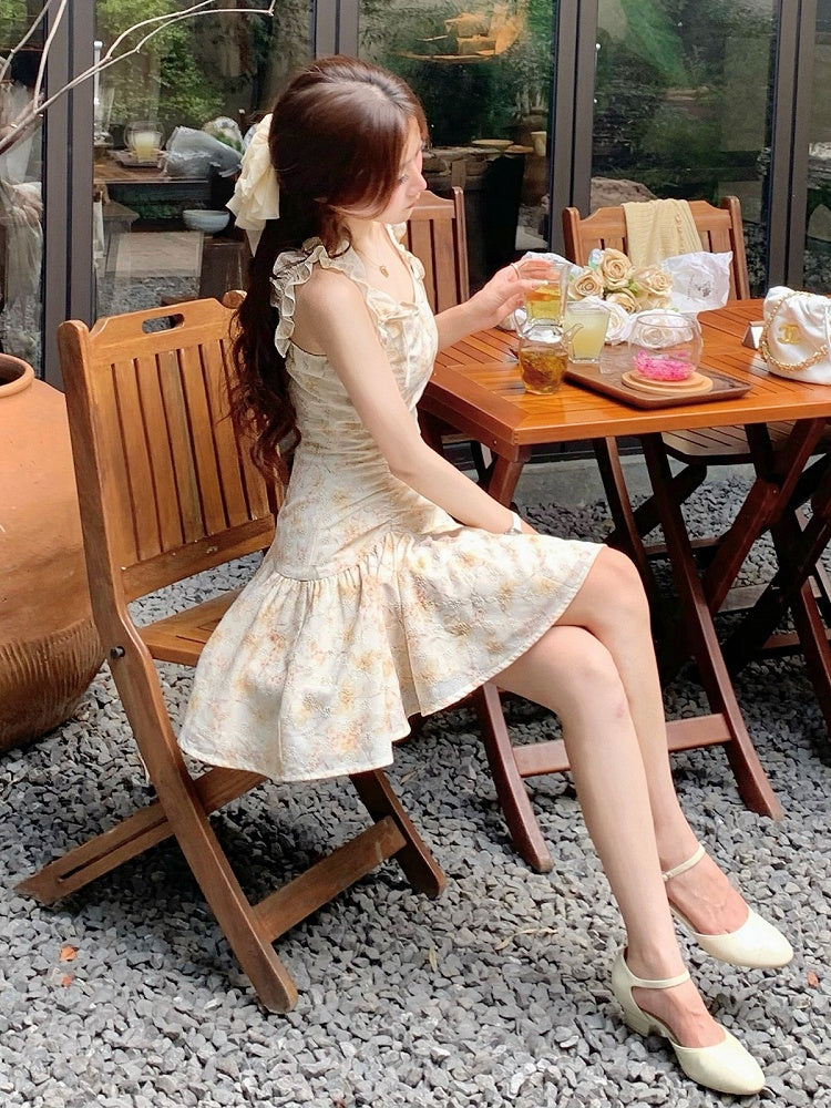 Light Yellow Floral Print Summer Holiday Dress - Qchiwawameme