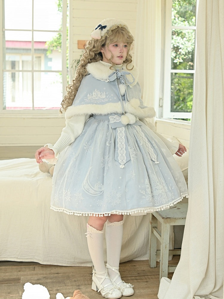 Lolita Jumper Cape Light Print Castle Skirt Plush Snow Moon with Trim Overlay Blue Set