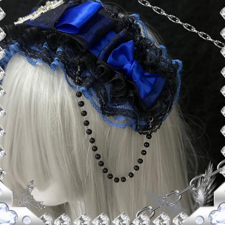Gothic Hairband Lace Blue Lolita and Black Cross Pearl