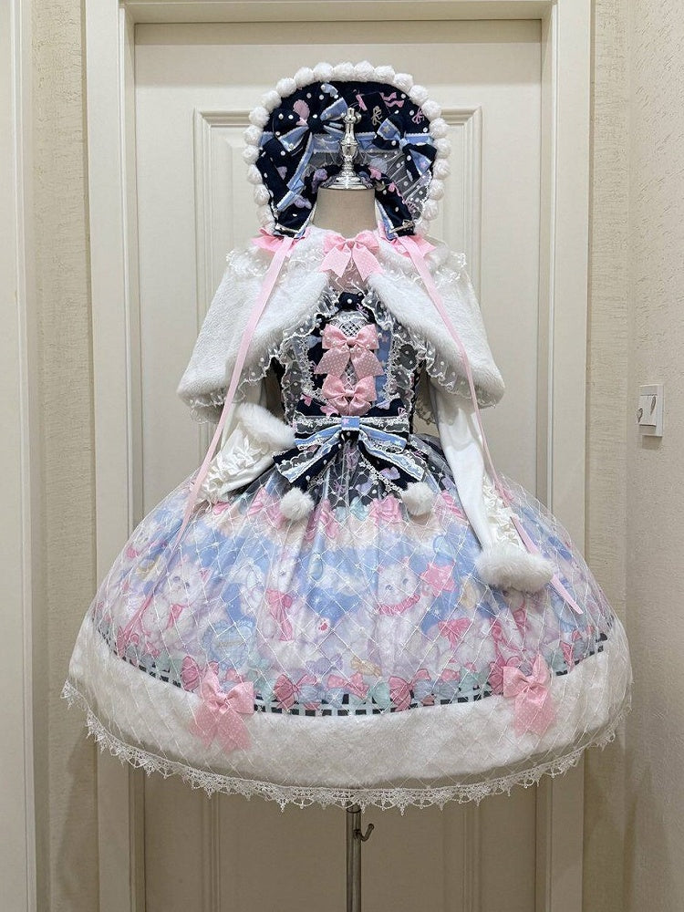 Pink Trim Bow Lolita Fur Dark Accents Hem Print Sweet Cat with and Dress Blue