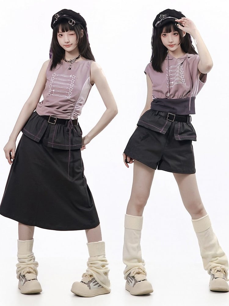 Dark Gray Long Skirt with Faux Layered Two-Piece Design - PINK SAVIOR
