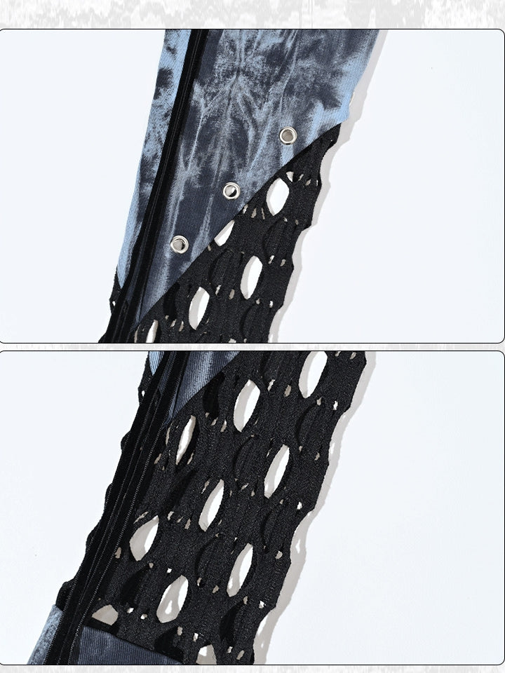 パンクロックブルーメッシュパッチワークタイダイスリーブ