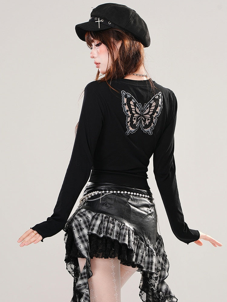 Black/White Lace Butterfly at Back Graphic Cropped Top