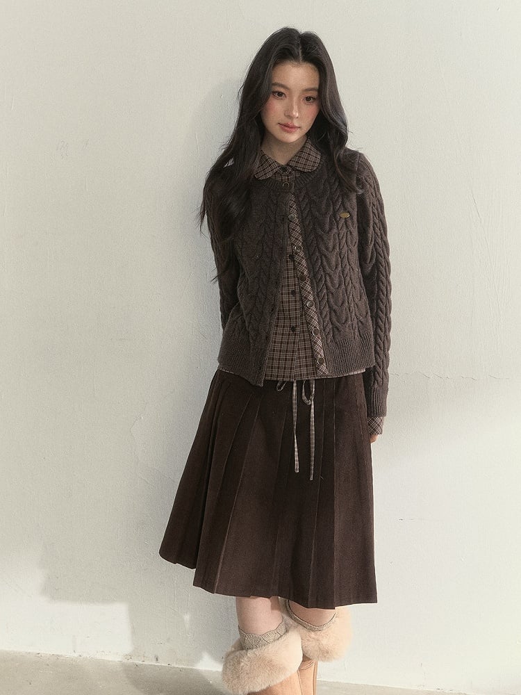 Sweet Plaid Blouse with Pattern Fake Two-piece Brown