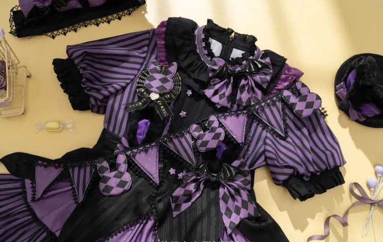 Sweet Pattern Striped Theme Circus Kuromi Vibes Lolita Bunny Purple Dress OP