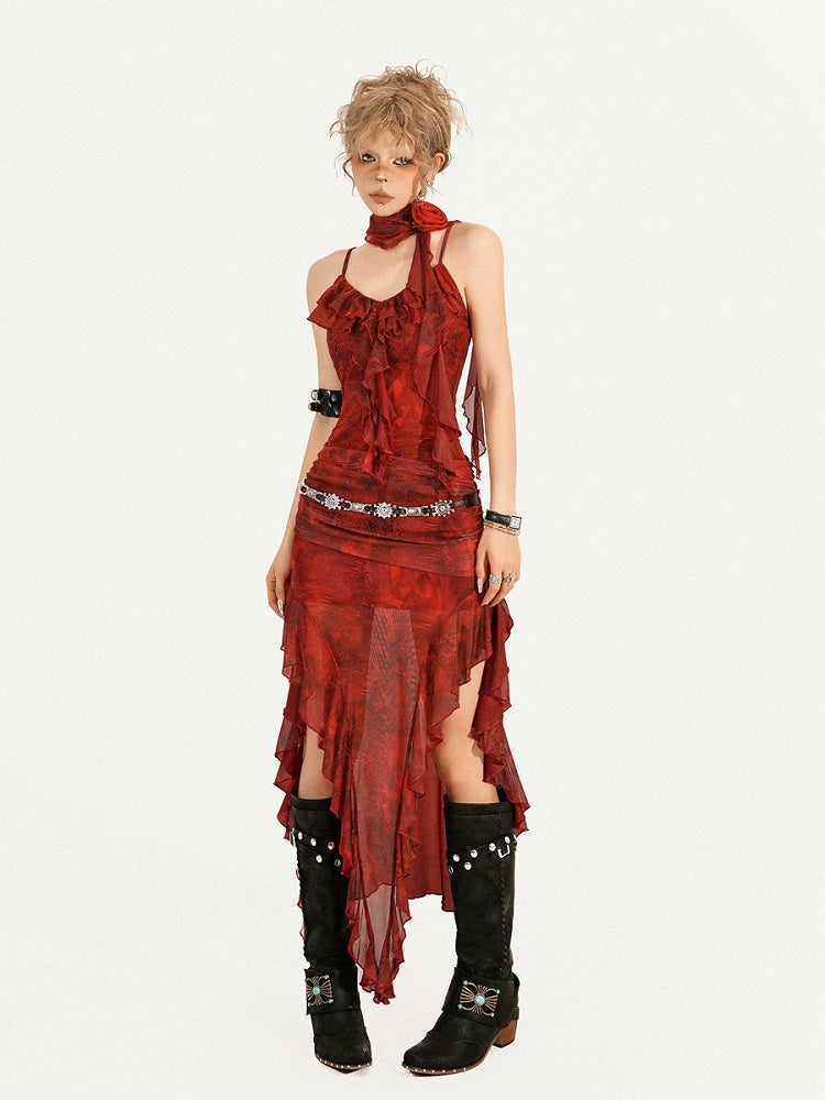 Slip Red Asymmetrical Tie-Dye Brooch Floral Print Layered Mesh with Flame Dress Hem