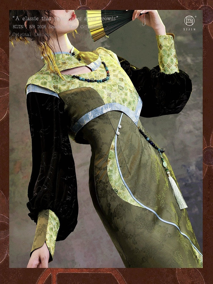 Grass Green Jacquard Chinoiserie Floral Fishtail Qipao Dress with Long Sleeves - sijinstudio