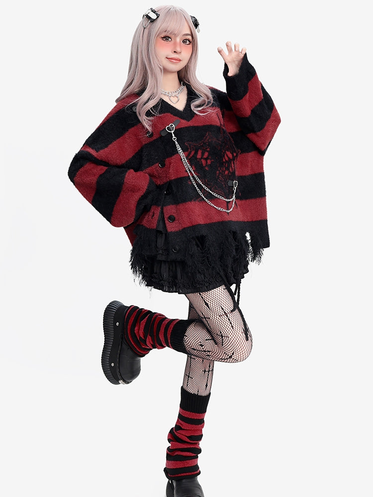 Y2K ブラック&レッド スパイダーウェブ柄 ディストレストリム Vネック ストライプ セーター バックルストラップ チェーン付き