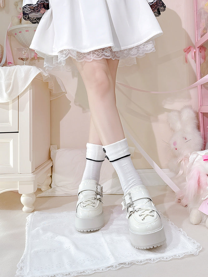Kei Crossed Glossy White Straps Block Chunky Platform Crystal with - Heel Jirai Loafers Buckles