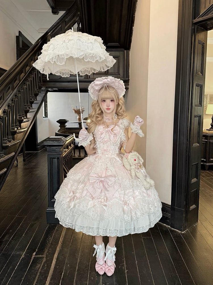 JSK Bow Full Multi-Layer Lolita Dress Back / Hanayome-Style With Trim Decor + Set Lace Pink