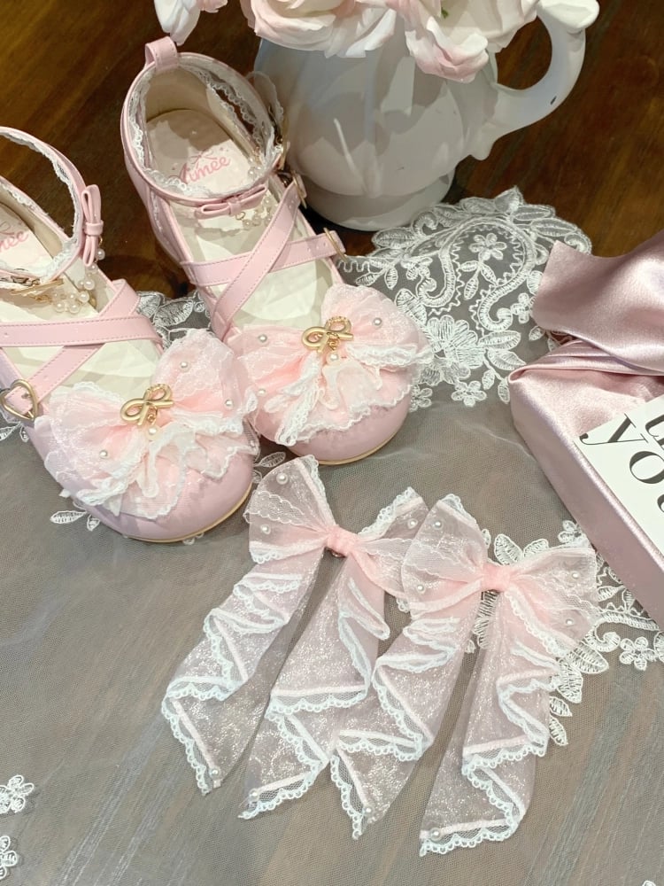 PU Pink - Lolita in Bows Janes Hime Light Mary Mid-heel Decor