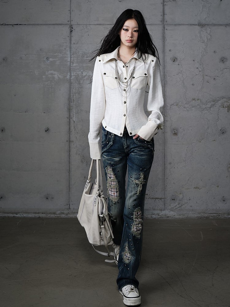 Jeans Light Studs Punk Patches Wash Blue Distressed with Plaid