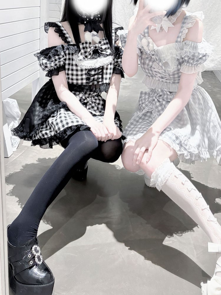 Off-the-shoulder Choker Bowknot+ Design Bunny Waist Plaid Idol High Neckline Skirt+ Set- Ears + Top Jirai Kei Black