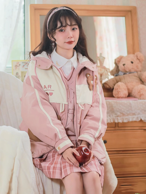 Blue/Pink Colorblock Jacket Plush Zip-Up Padded with Hood Teddy Patch