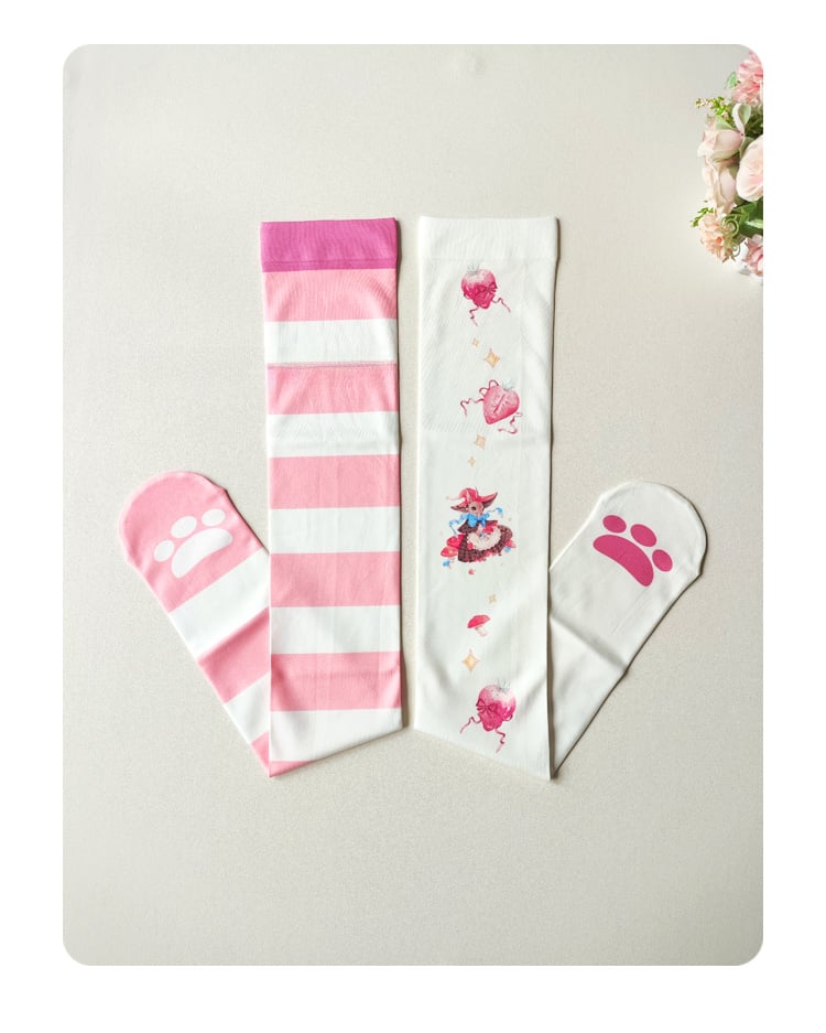 White & Pink Stripes Strawberry and Bunny Print Over Knee Stockings