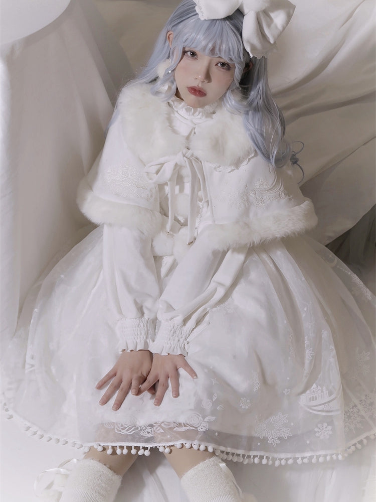 - + White Pattern Snowflake Skirt Full Sweet Set Cape Bow Jumper Big