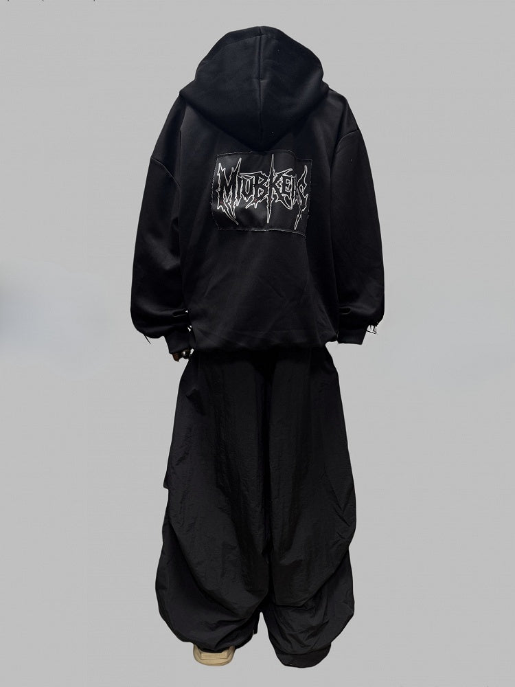 Applique Two-way Placket Zip Letter Black Jacket