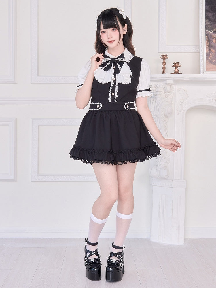 Short Sleeve Set: Shorts with Back and Straps Two-Piece Black Dress Matching Self-Tie Jirai Kei