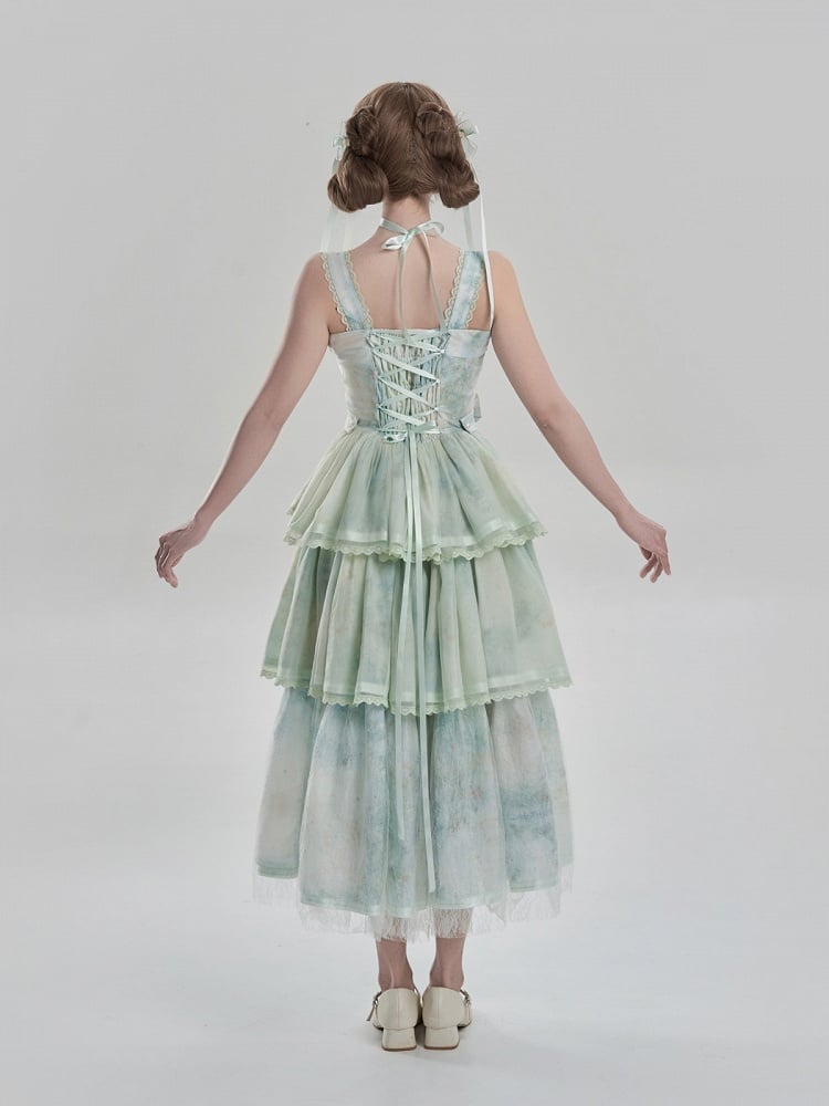 Painting and with JSK Hem Embroidery Dress Lolita Green Detail Print Tiered Oil