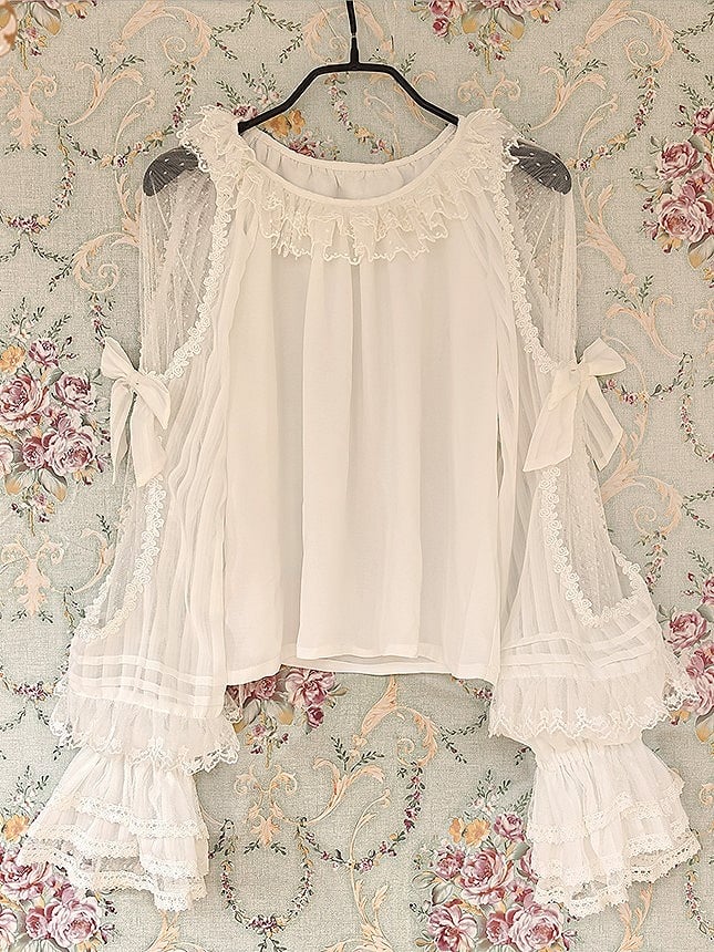 Blouse Sleeves Semi-sheer Neck Trim Lolita White with Round Ruffled and Lace