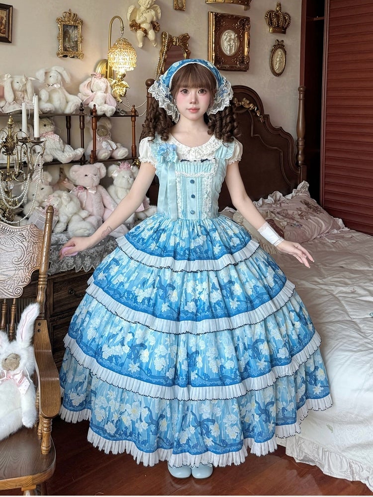 Blue Floral Print Lolita Triangle Scarf with Lace Trim - Flower Ferry Lolita