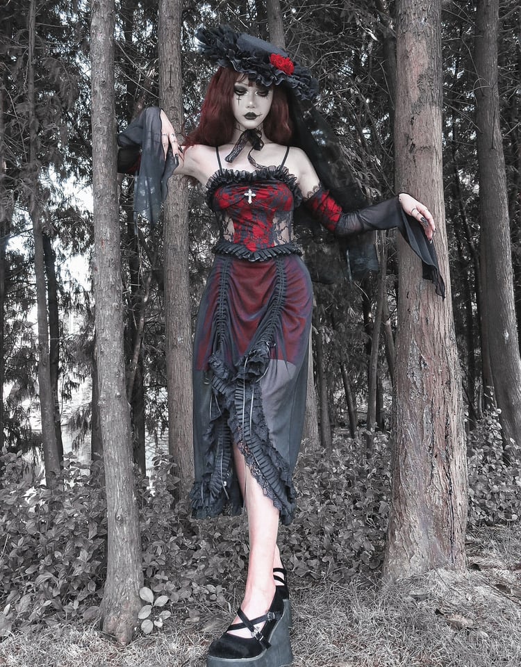 Schwarzes und weinrotes Vampir-Gothic-Kleid, Spitzenkleid mit Kordelzug und Handschellen-Set