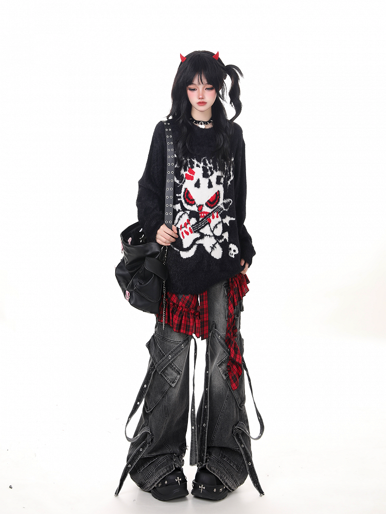 Design with Punk Rock Sweater Plush Black/Gray Guitarist Cartoon