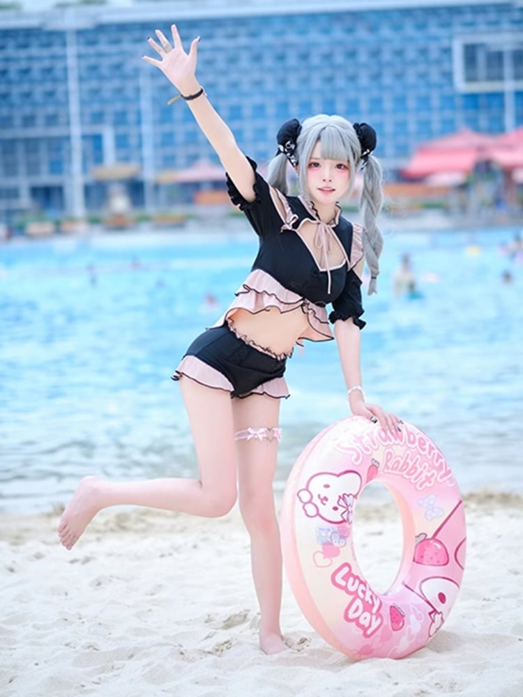 ブラックピンクのカットアウトパフスリーブ水着