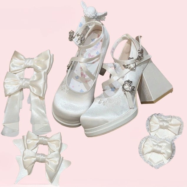 Bow Heart Details with Pink Satin for Janes Mary Lolita Detachable Elegant -