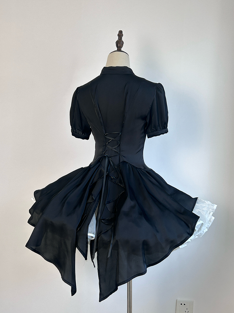 Short Black Sleeves Lolita Puff Gothic Split-Tail Shirt Ouji