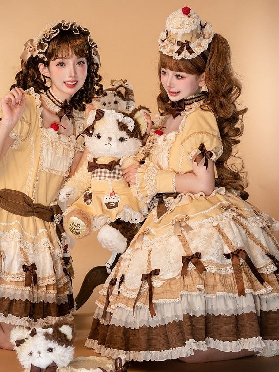 Puff Lolita Yellow and Square Neckline Bowknot Sweet Sleeves Details Dress