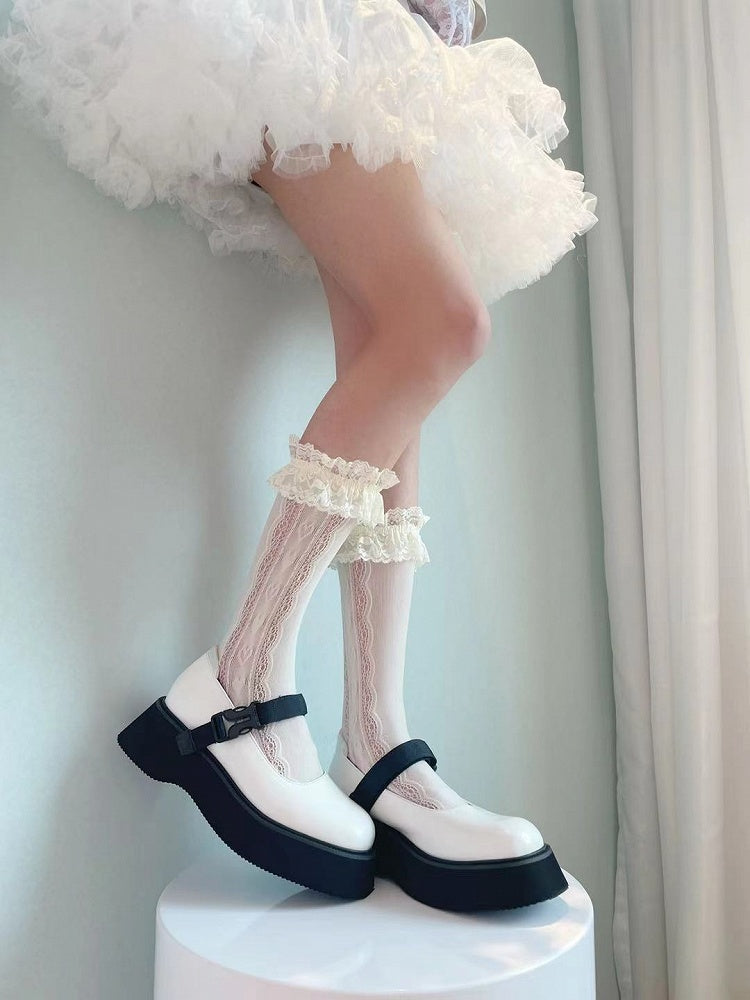 White/Cream Yellow Ruffled Lace Cuff Calf Socks